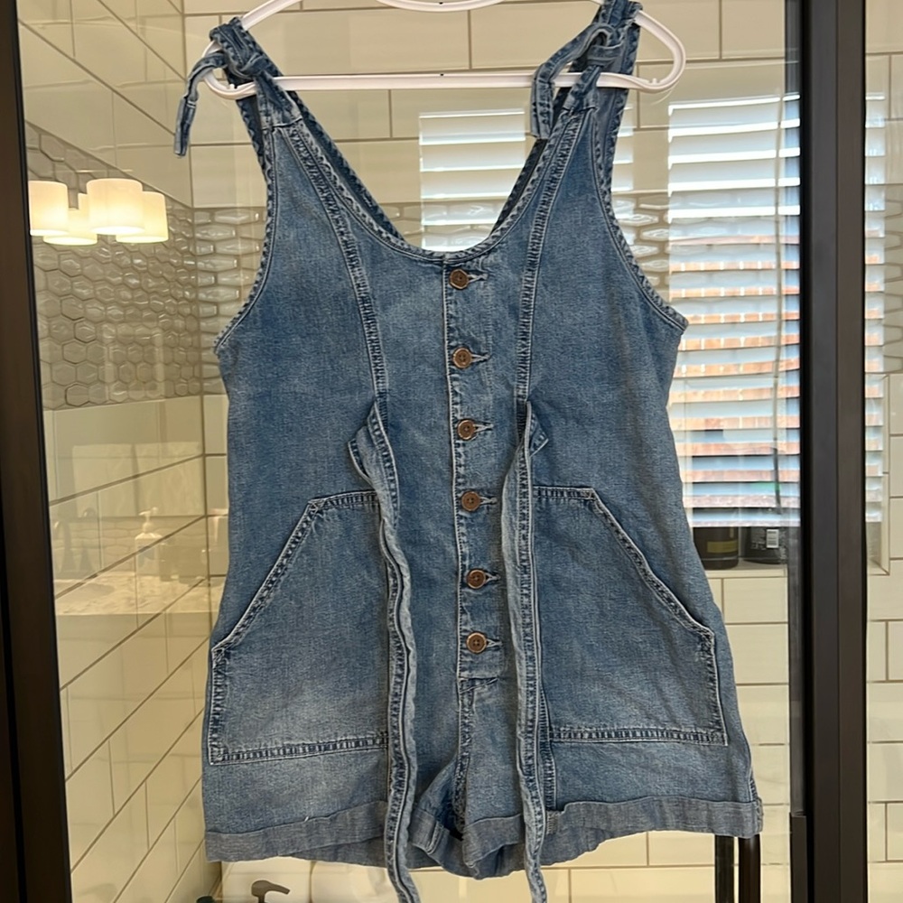 Free People Blue Denim Overalls Shorts Jean Jumper Shorts